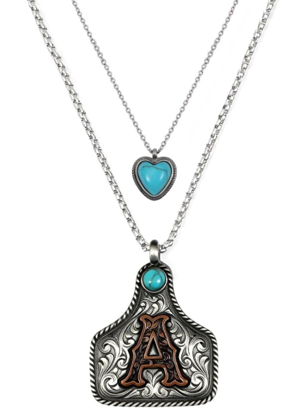 Layered Turquoise Cow Tag Initial Necklaces for Women - Western Style Jewelry